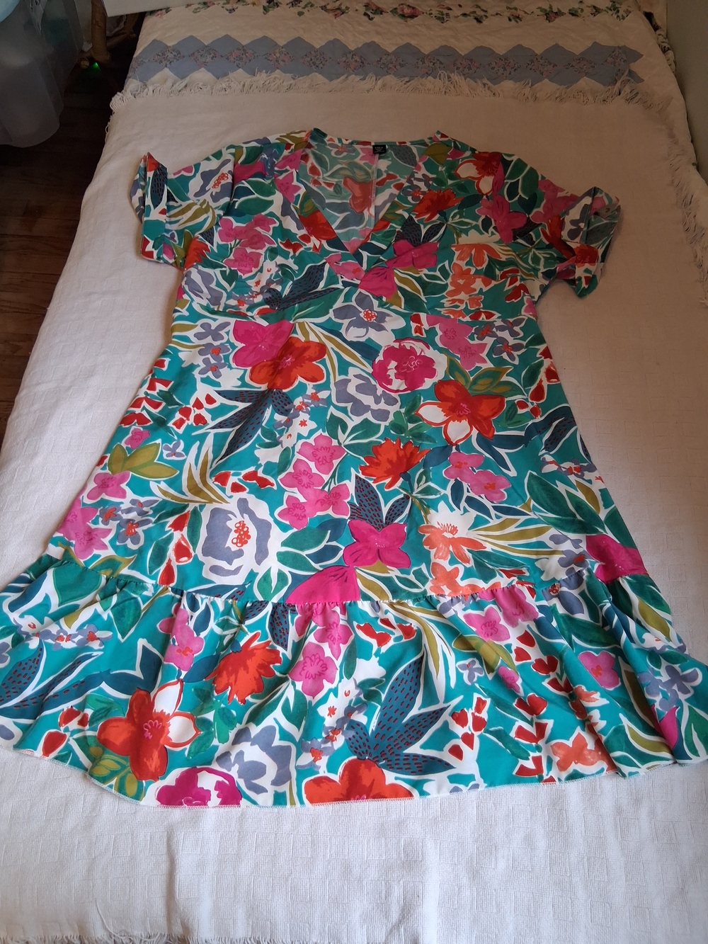 SHEIN Teal Floral Midi Dress with Pink and Orange Flowers